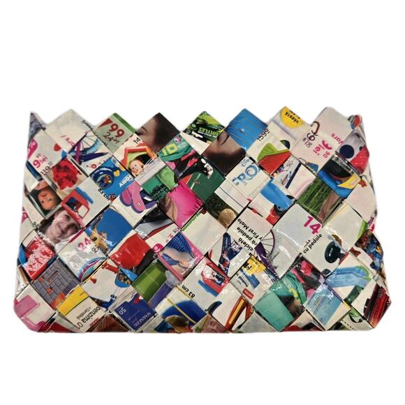 Y2K Handmade Recycled Woven Magazine Clutch Zippered Makeup Bag - Picture 1 of 9